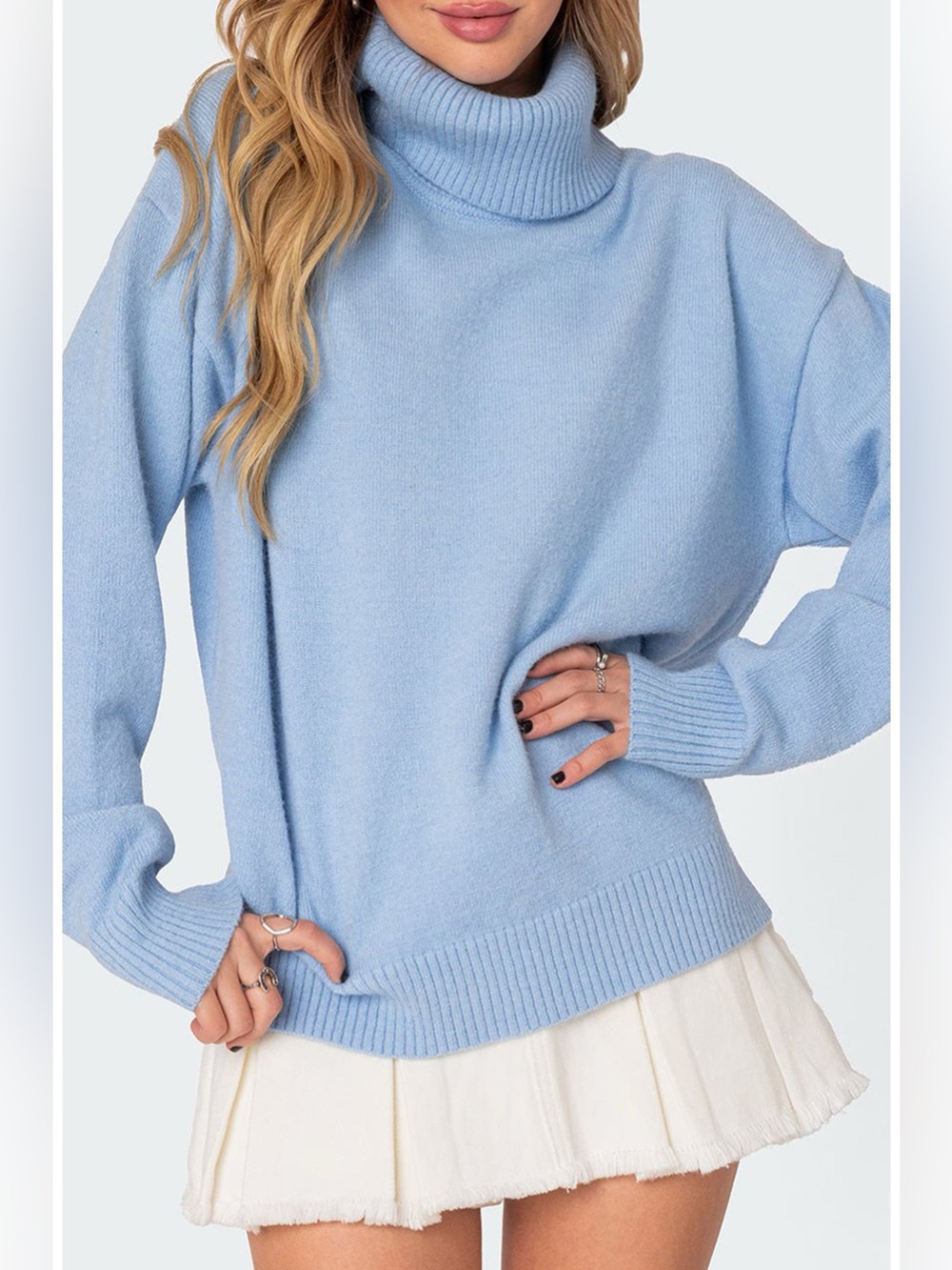 EDIKTED Isabelle Oversize Turtleneck Sweater in Light Blue.  Size XS/S